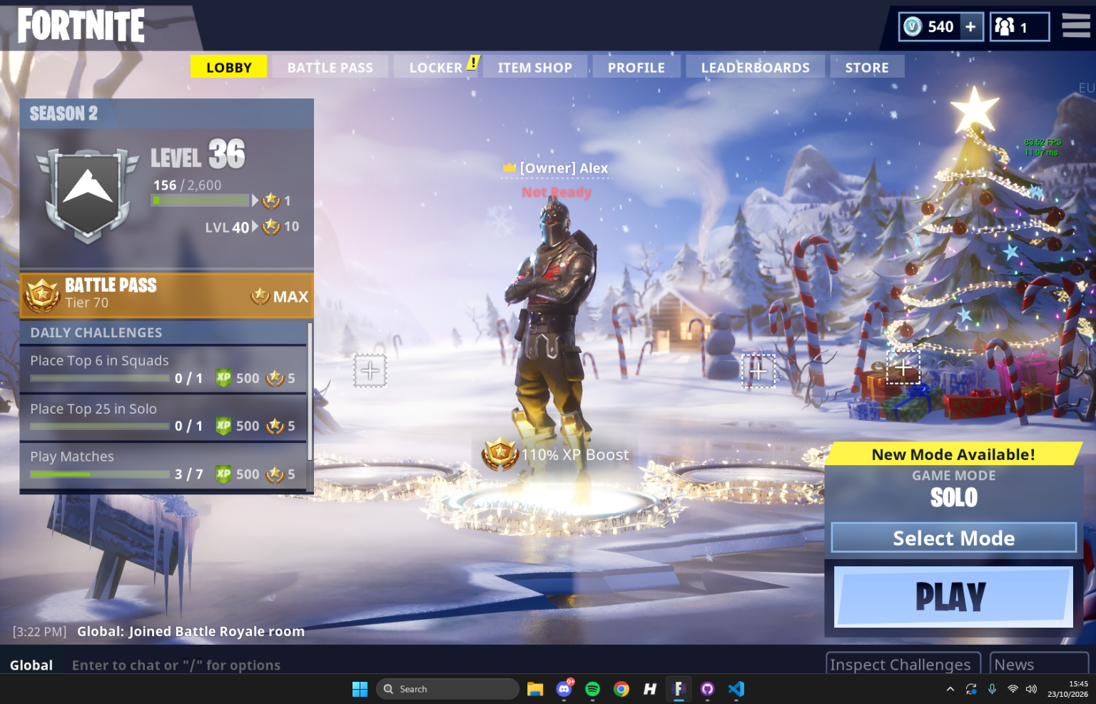 Hestia’s original Season 2 Fortnite lobby with the Black Knight, snow-covered cabins, and a Christmas tree