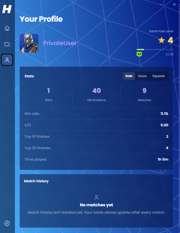 Hestia player statistics showing matches, wins, eliminations, and recent games